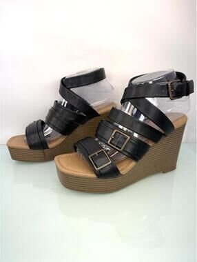Report Black Strappy Platform Sandals Chunky Block Heel Buckle Women 7.5 Square